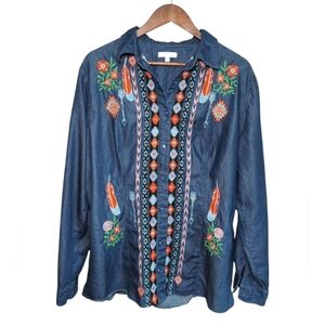 Home Folk Floral Aztec Embroidered Denim Shirt